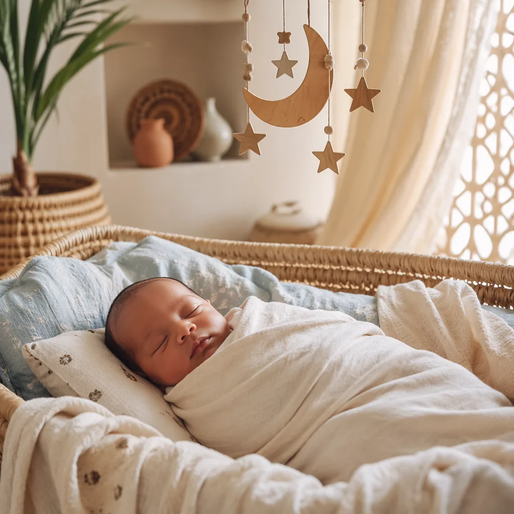 Sleeping newborn in a soft Swahili-inspired pastel nursery
