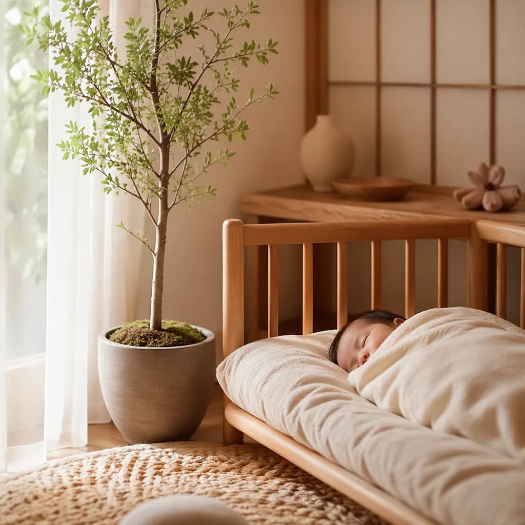 A peaceful Japanese-inspired nursery with a sleeping swaddled baby and a small young tree in soft morning light.