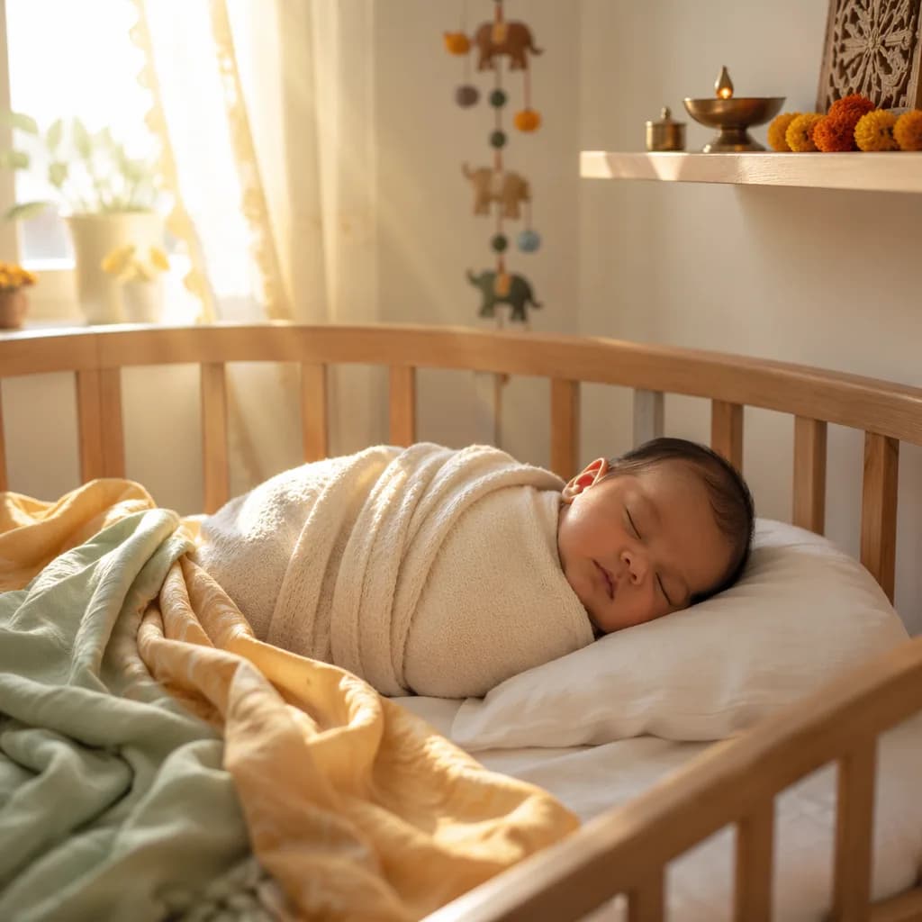 Peaceful newborn in a soft pastel nursery with subtle Indian-inspired accents.
