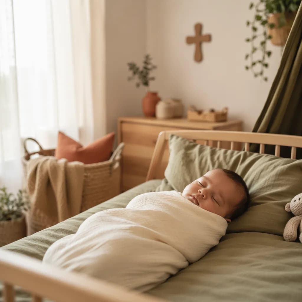 Peaceful swaddled baby in a warm pastel nursery with soft natural light.