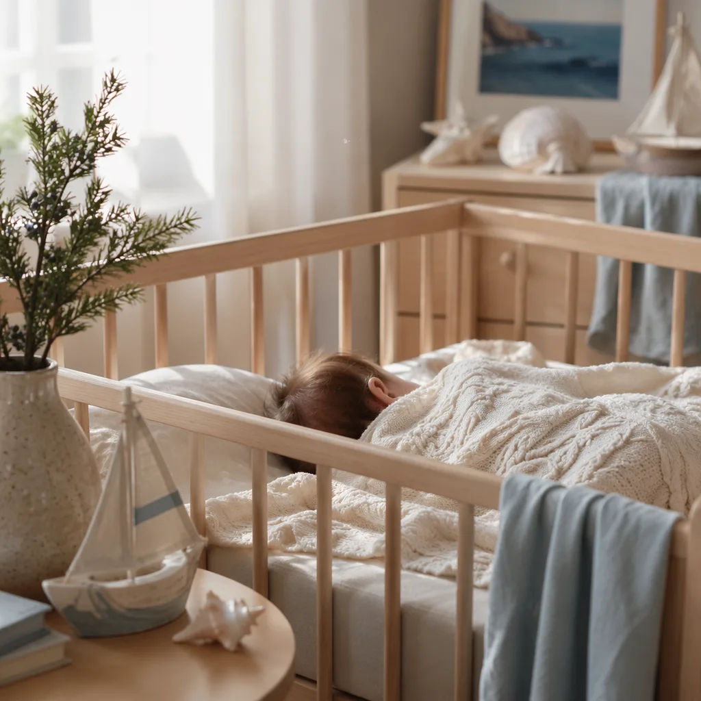 Sleeping baby in a cozy pastel nursery with yew and seaside-inspired details.