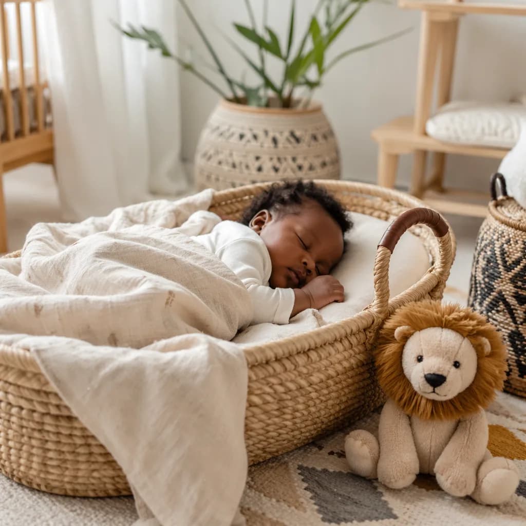 Peaceful baby nursery with soft East African-inspired details and a plush lion symbolizing bravery.