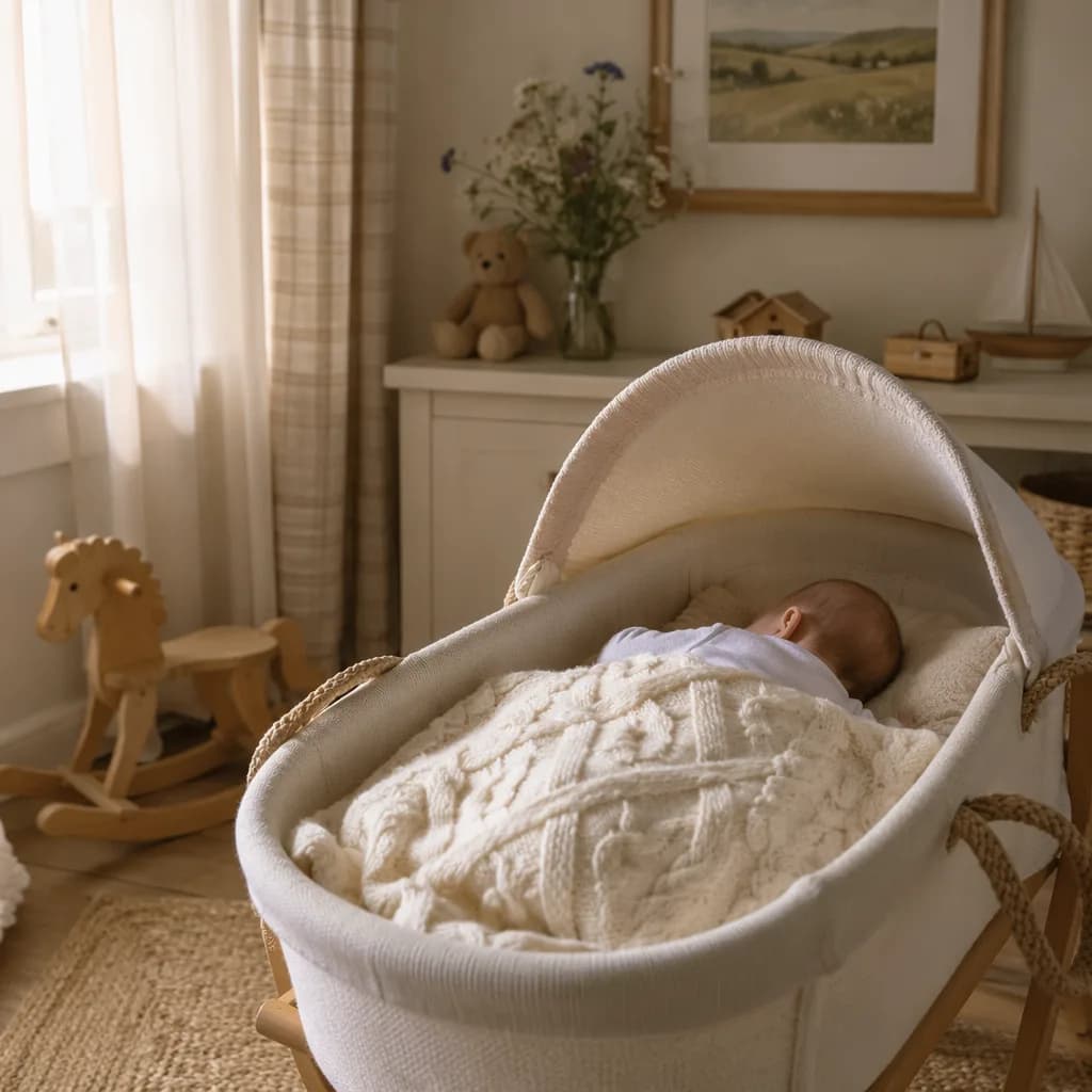 Cozy pastel nursery with a peaceful baby in a bassinet and soft English cottage details.