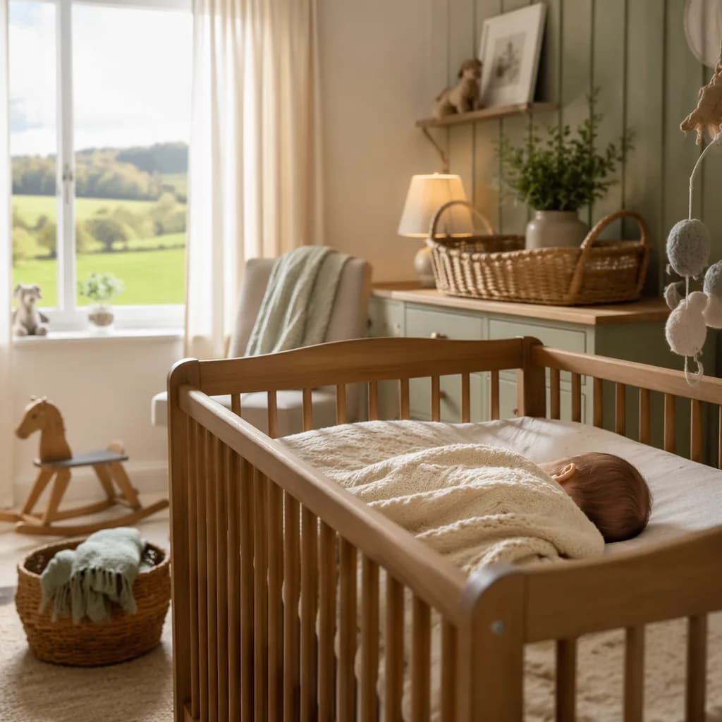 Cozy pastel nursery with a sleeping baby in a wooden crib and soft morning light.