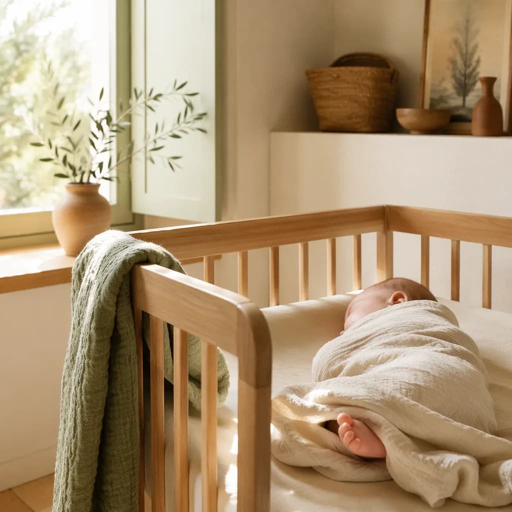 Sleeping baby in a soft Italian-inspired nursery with warm natural light.