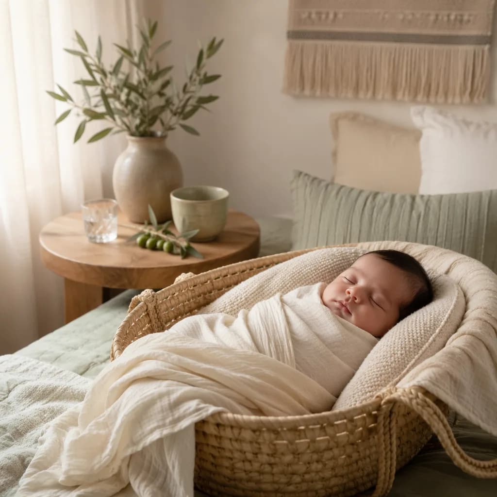Peaceful swaddled baby in a warm pastel nursery with olive branch and greenery.