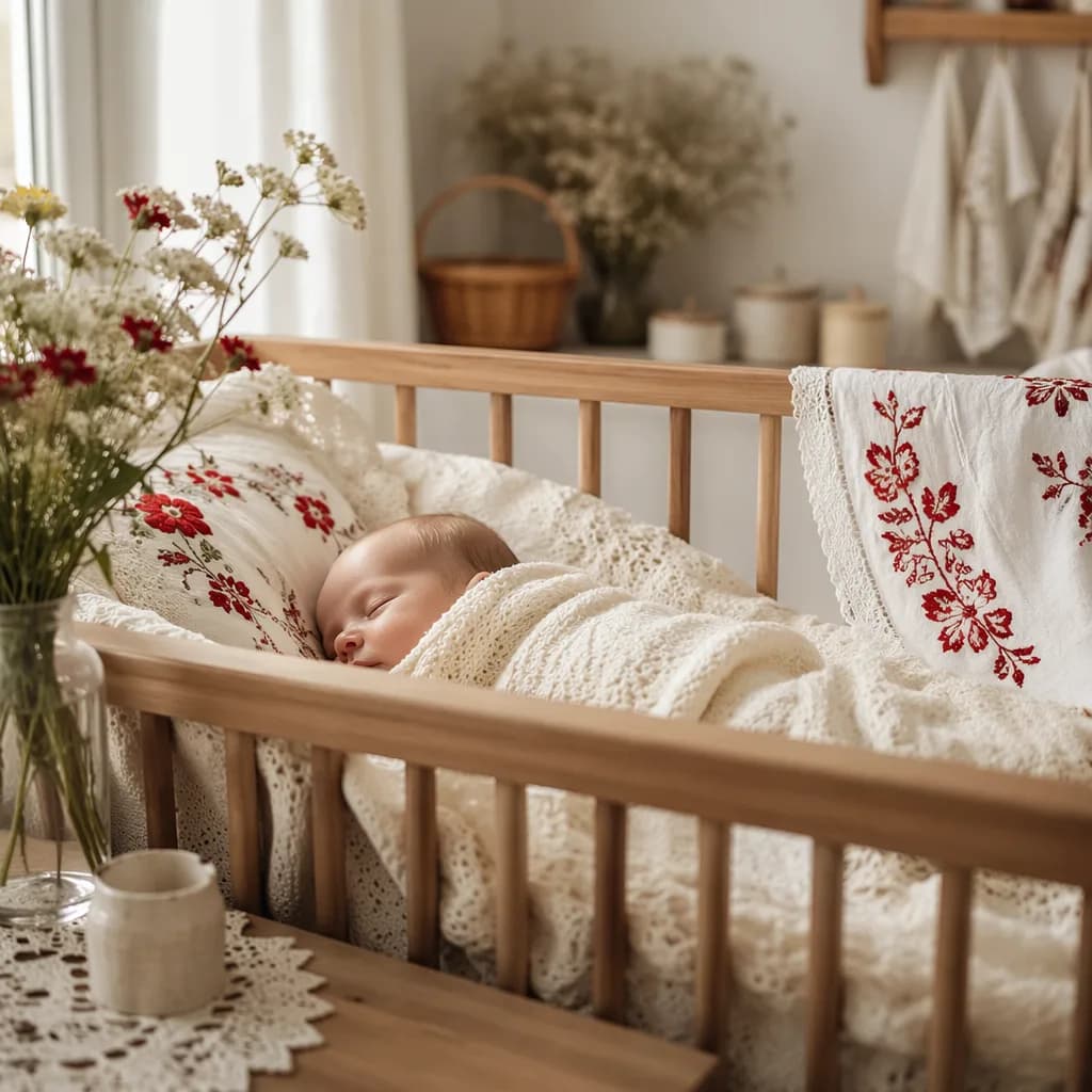 A peaceful Polish-inspired nursery with a sleeping baby in soft natural light.