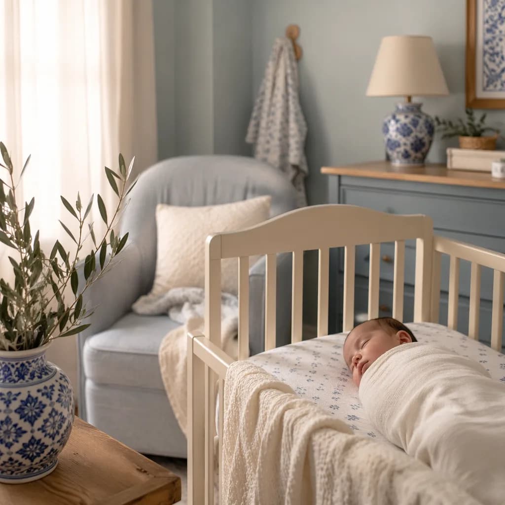Soft pastel Portuguese-inspired nursery with a sleeping swaddled baby and gentle natural light.