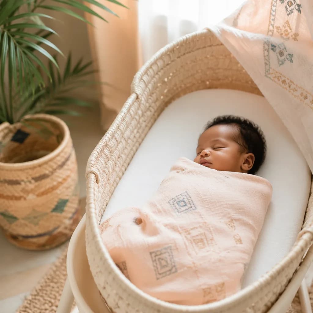Peaceful baby in a soft pastel nursery with coastal Swahili-inspired details.