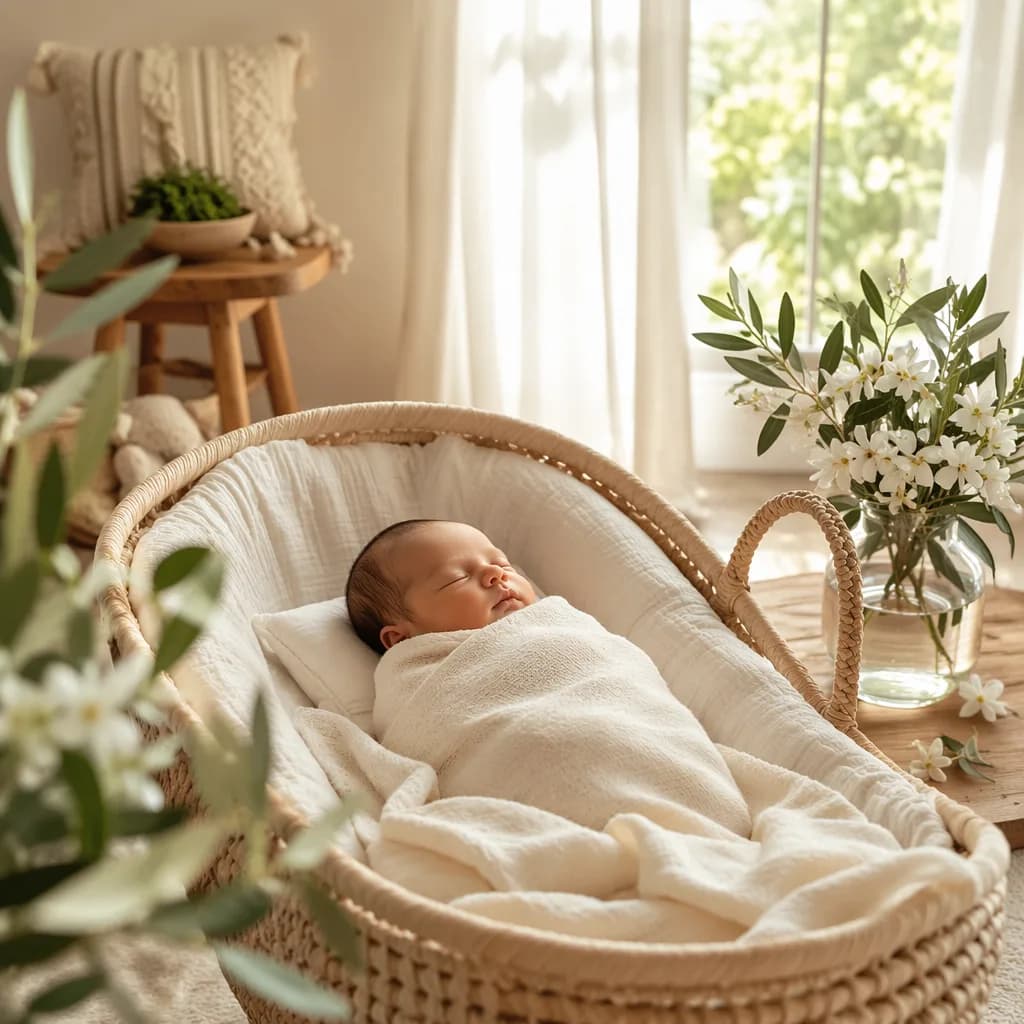 A peaceful swaddled baby in a warm pastel nursery with soft floral accents.