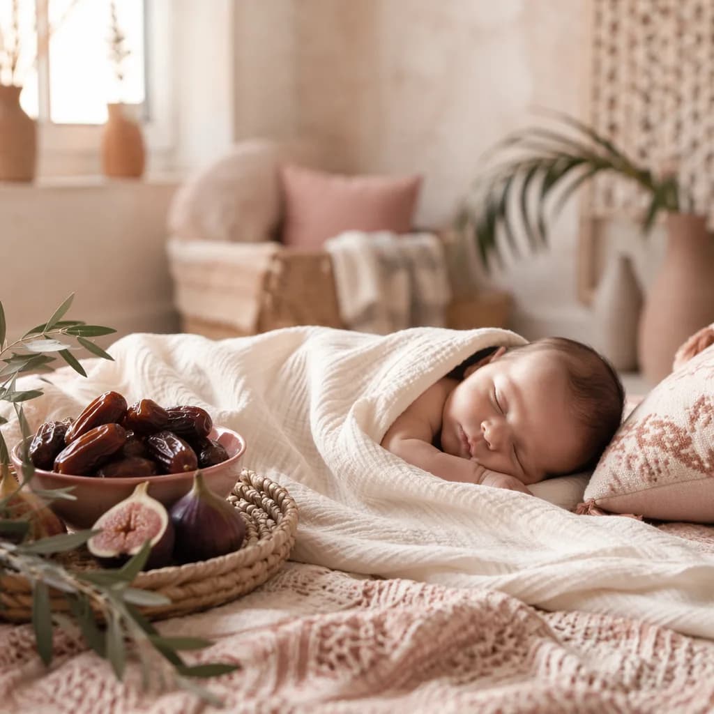Soft pastel nursery scene with a swaddled baby and fruit symbolizing the Arabic name Jana.