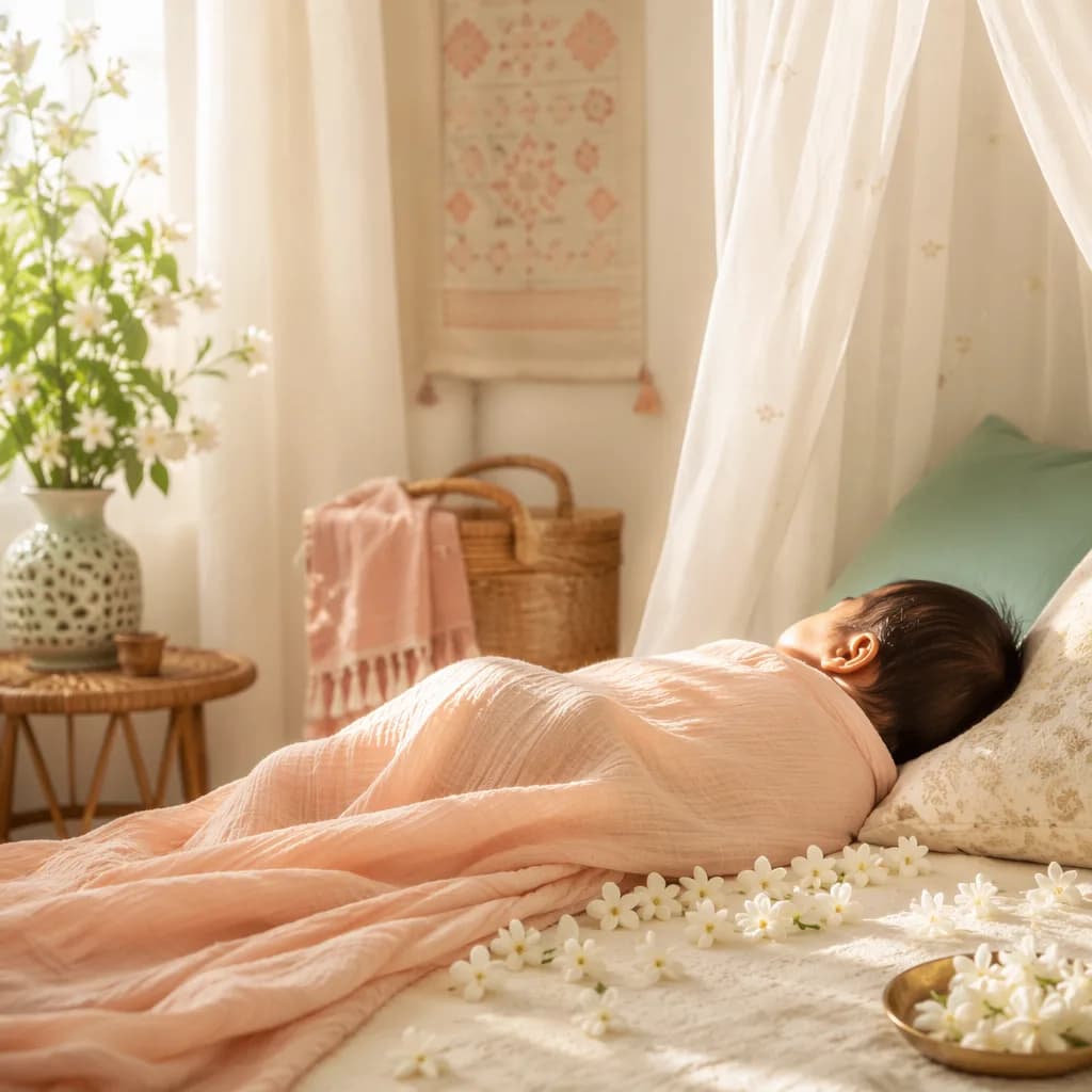 A peaceful Bengali-inspired nursery with a sleeping baby and soft floral details.