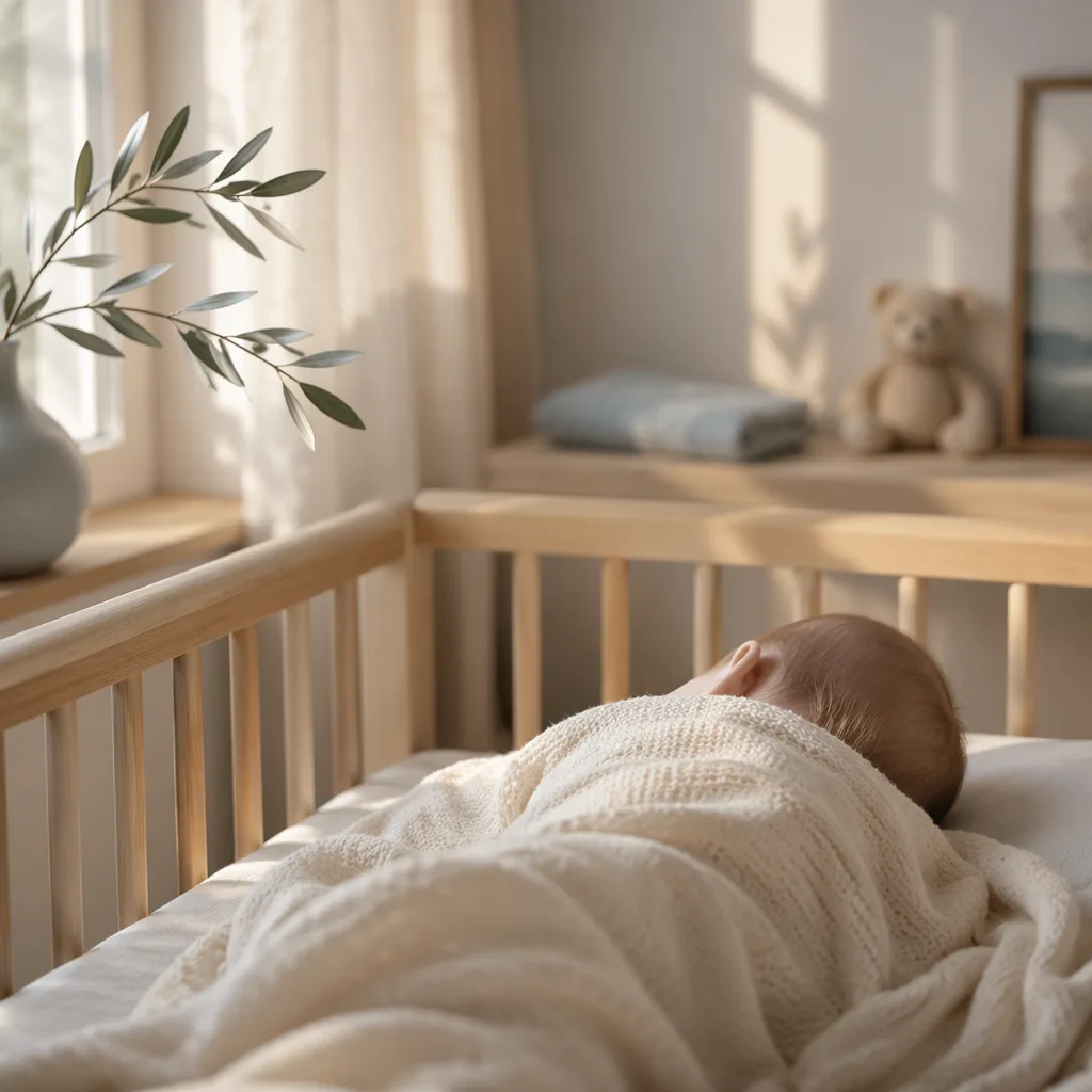 A peaceful baby sleeping in a cozy pastel nursery with warm natural light.