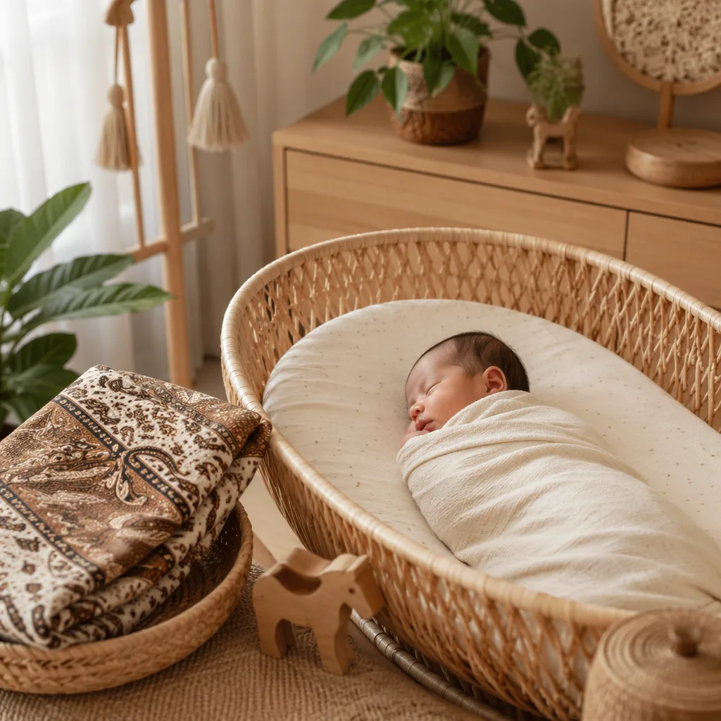 Soft Indonesian-inspired nursery scene with a sleeping swaddled baby, batik blanket, and warm natural light.