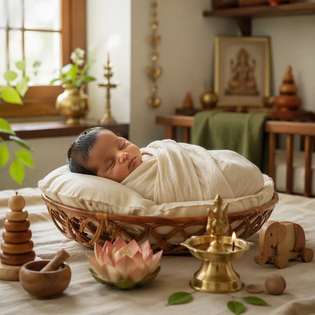 A peaceful swaddled baby in a warm pastel nursery with Sanskrit-inspired decor.