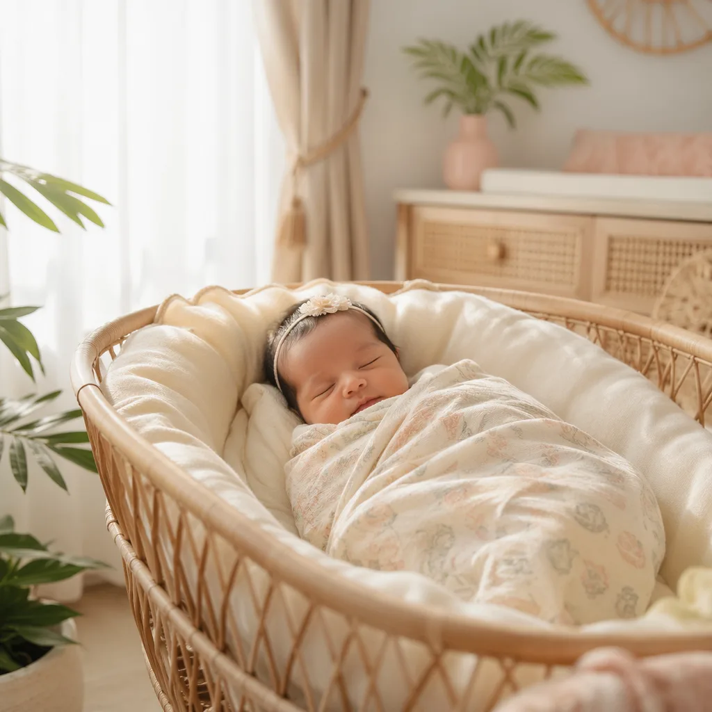 Sleeping newborn in a soft pastel Indonesian-inspired nursery.