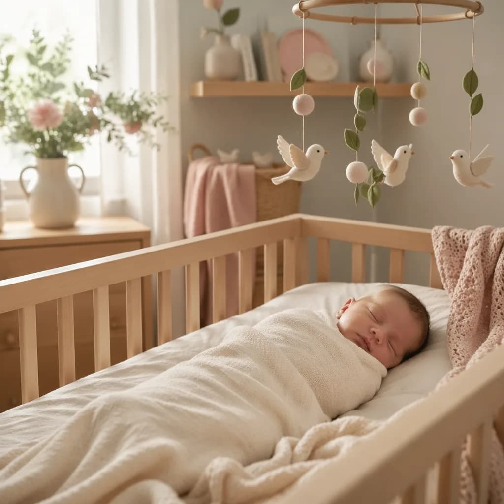 A peaceful pastel nursery with a swaddled sleeping baby and a dove-themed mobile.