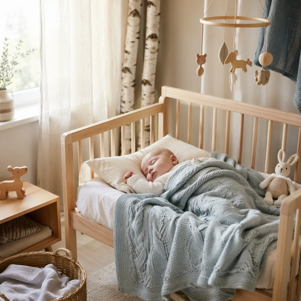 A peaceful Scandinavian nursery with a sleeping baby in a light wood crib.