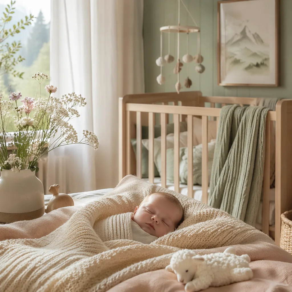 Sleeping baby in a soft pastel German-inspired nursery with warm natural light.