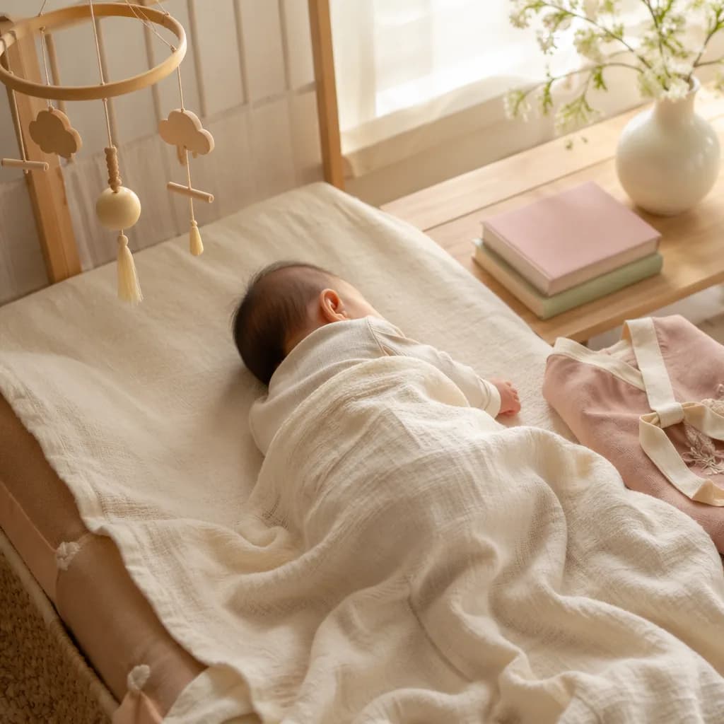 Peaceful pastel Korean-inspired nursery with a sleeping non-identifiable baby.