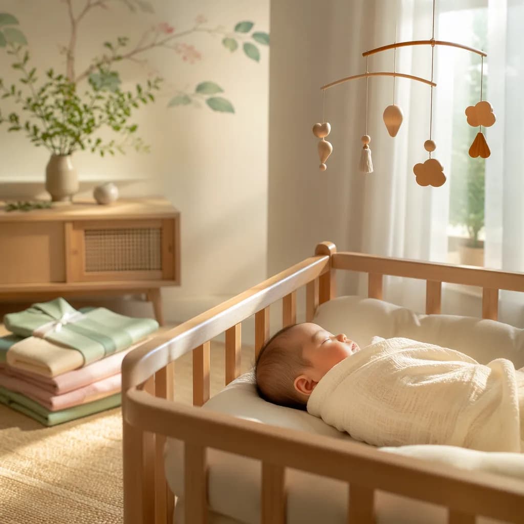 A peaceful Korean-inspired nursery with a softly lit sleeping baby in pastel tones.