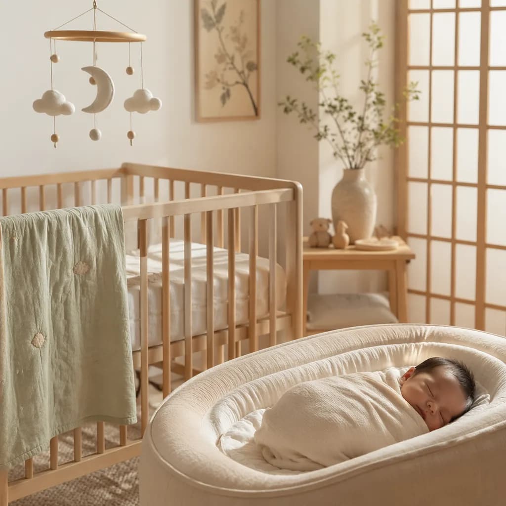 Peaceful Korean-inspired nursery with a swaddled newborn in soft natural light