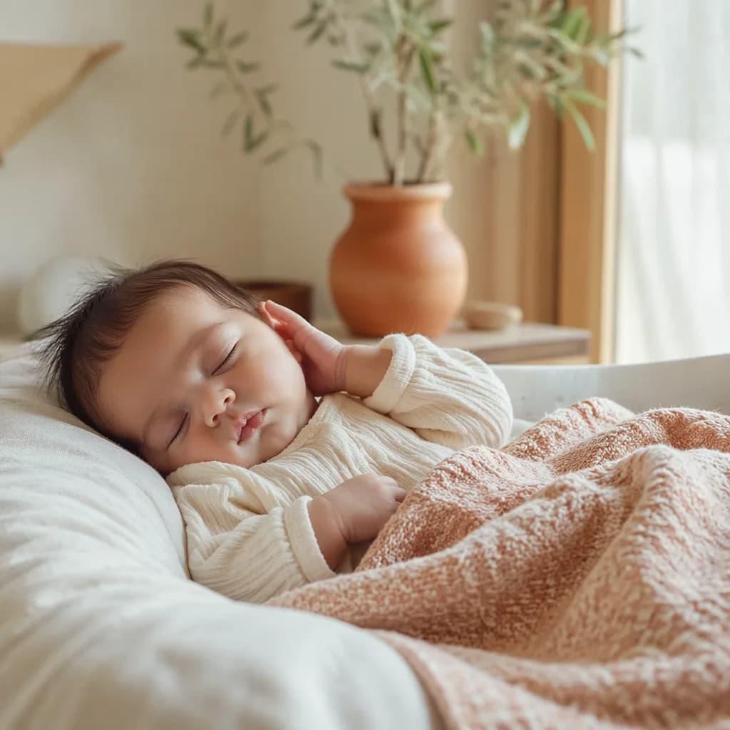 Peaceful baby in a soft pastel Spanish-inspired nursery.