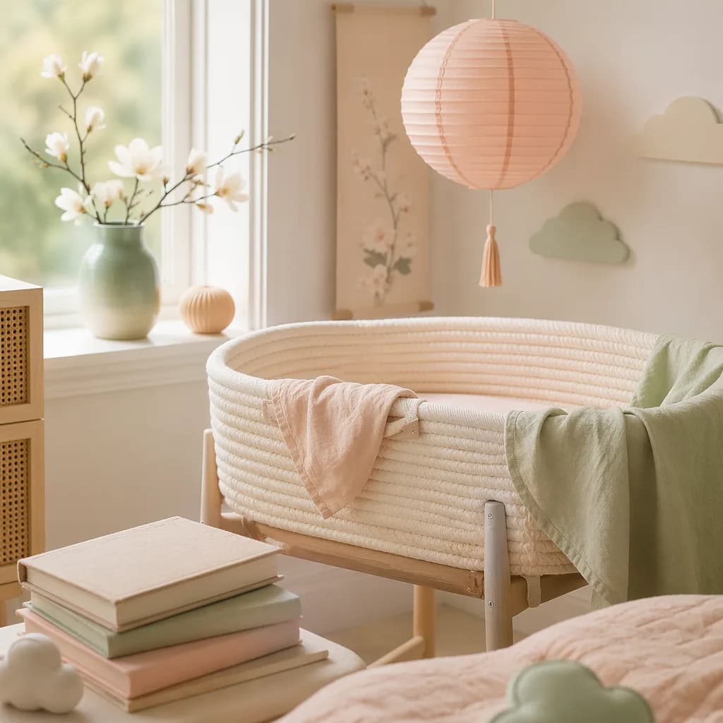 Soft pastel Chinese-inspired nursery still-life with books and gentle natural light.