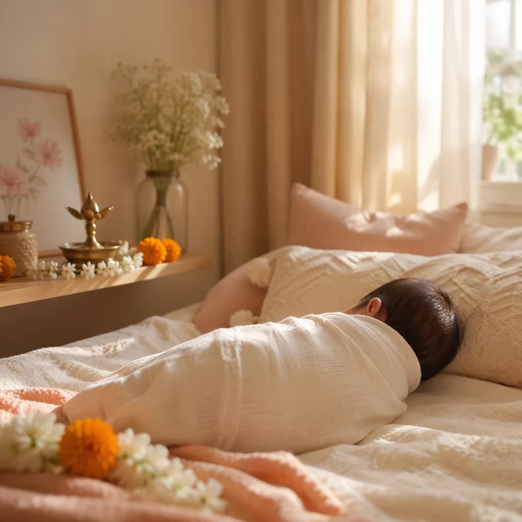 Soft pastel nursery with a swaddled baby in warm natural light and gentle Indian-inspired decor.