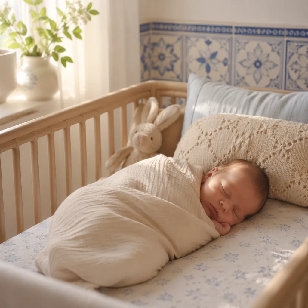 Sleeping newborn in a warm pastel Portuguese-inspired nursery with a plush rabbit.
