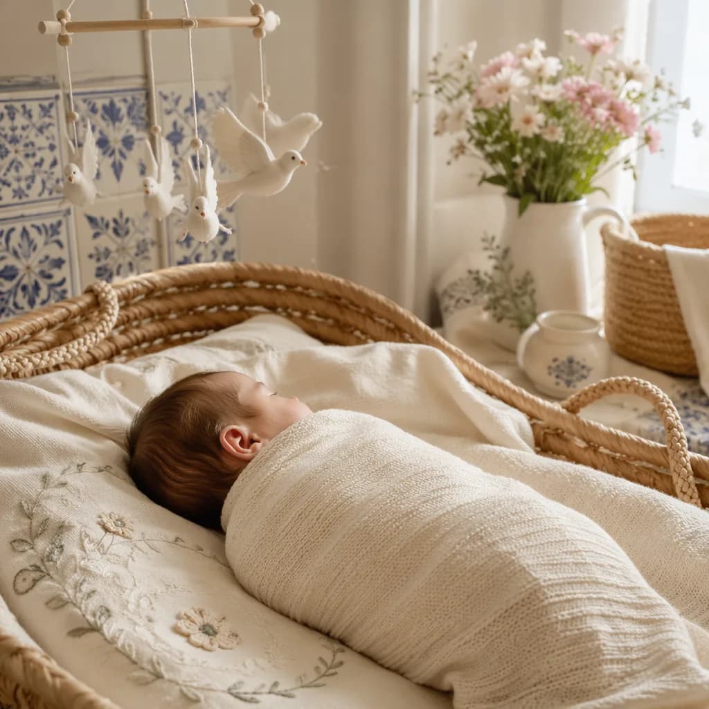 A peaceful swaddled newborn in a soft Portuguese-inspired nursery with pastel decor.