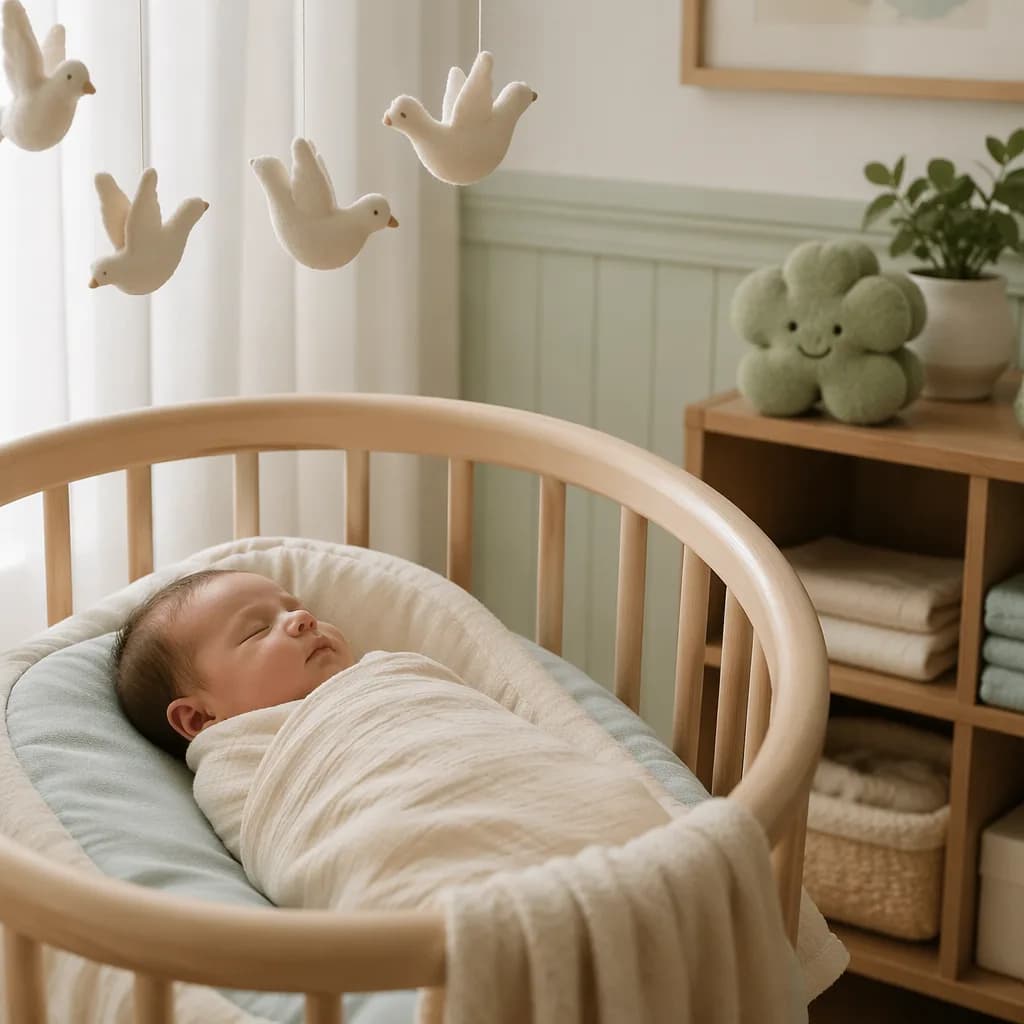 Peaceful swaddled newborn in a soft pastel nursery with dove mobile.