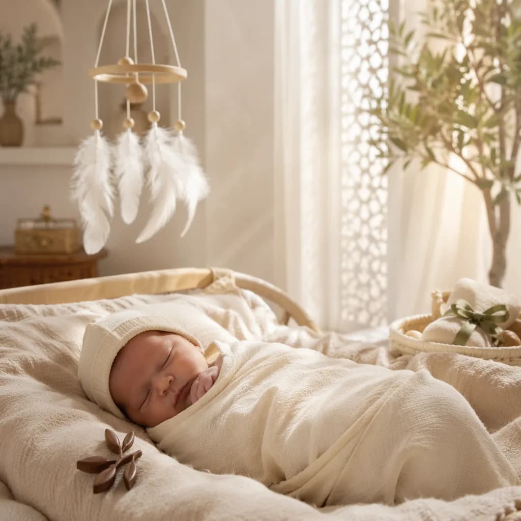 Sleeping newborn in a soft pastel nursery with gentle angel and Arabic-inspired details.