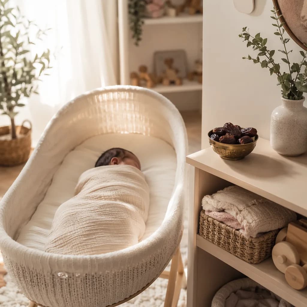Soft pastel nursery with a sleeping swaddled baby and gentle Arabic-inspired details symbolizing generosity.
