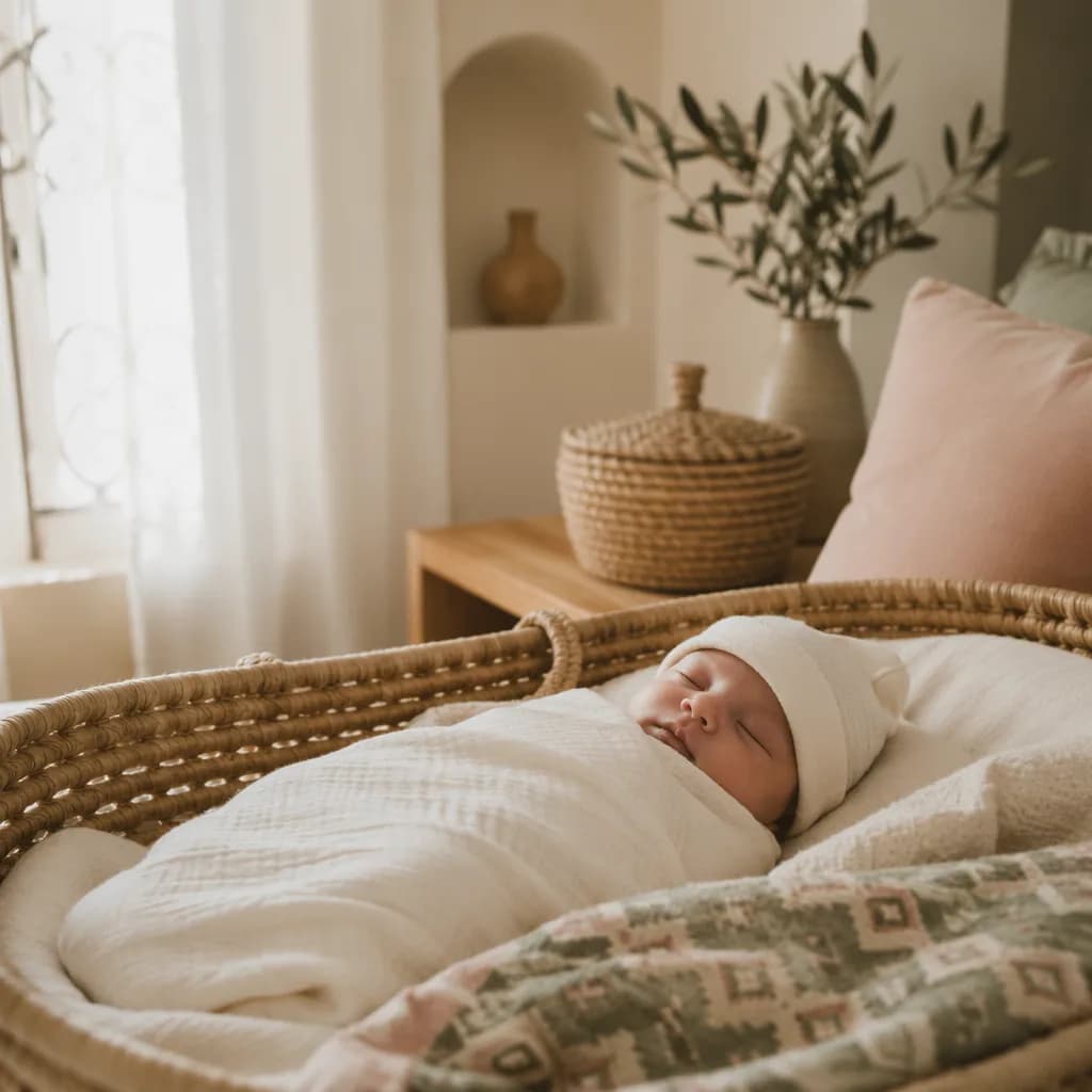 Sleeping newborn in a soft Arabic-inspired nursery with olive branch and warm natural light.