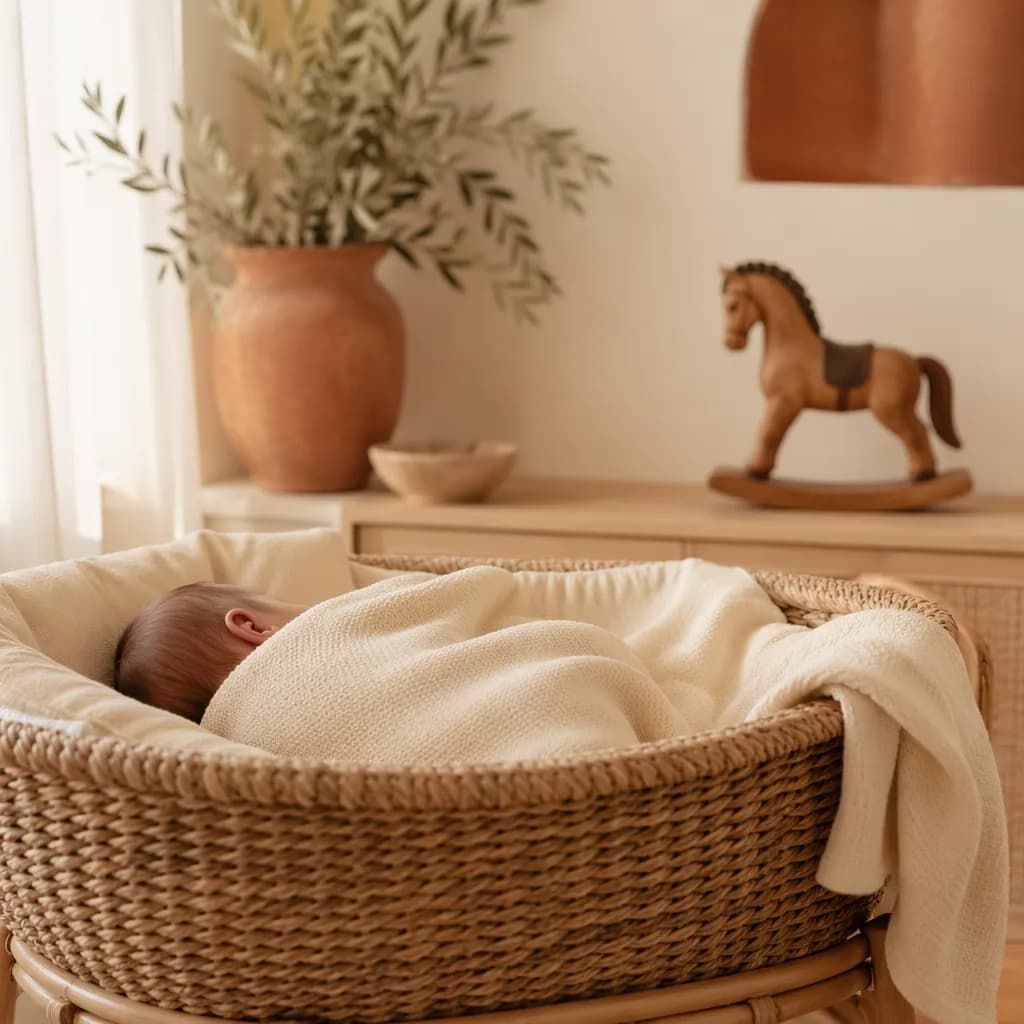 A cozy pastel nursery with a swaddled baby and subtle Mediterranean accents.