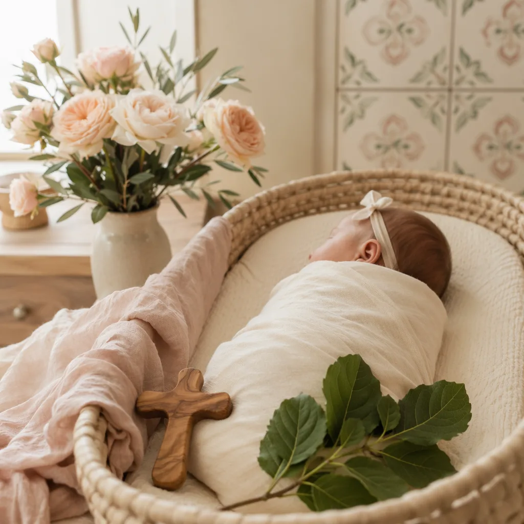 A softly lit Portuguese-inspired nursery with a swaddled baby, roses, and mulberry leaves.
