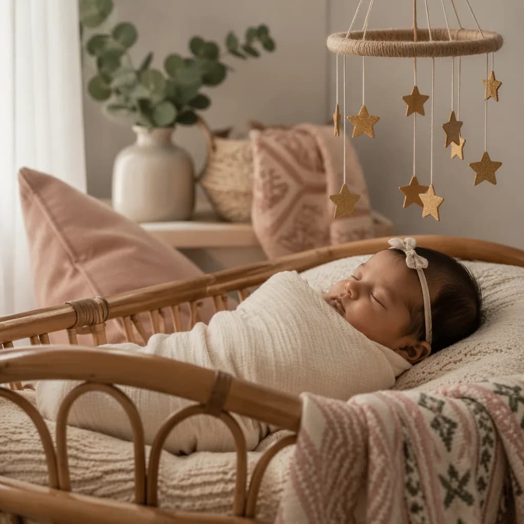 A softly lit pastel nursery with a swaddled newborn, woven accents, and a small star mobile.