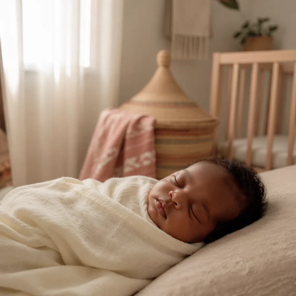 A peaceful pastel nursery with a swaddled sleeping baby and soft woven accents.