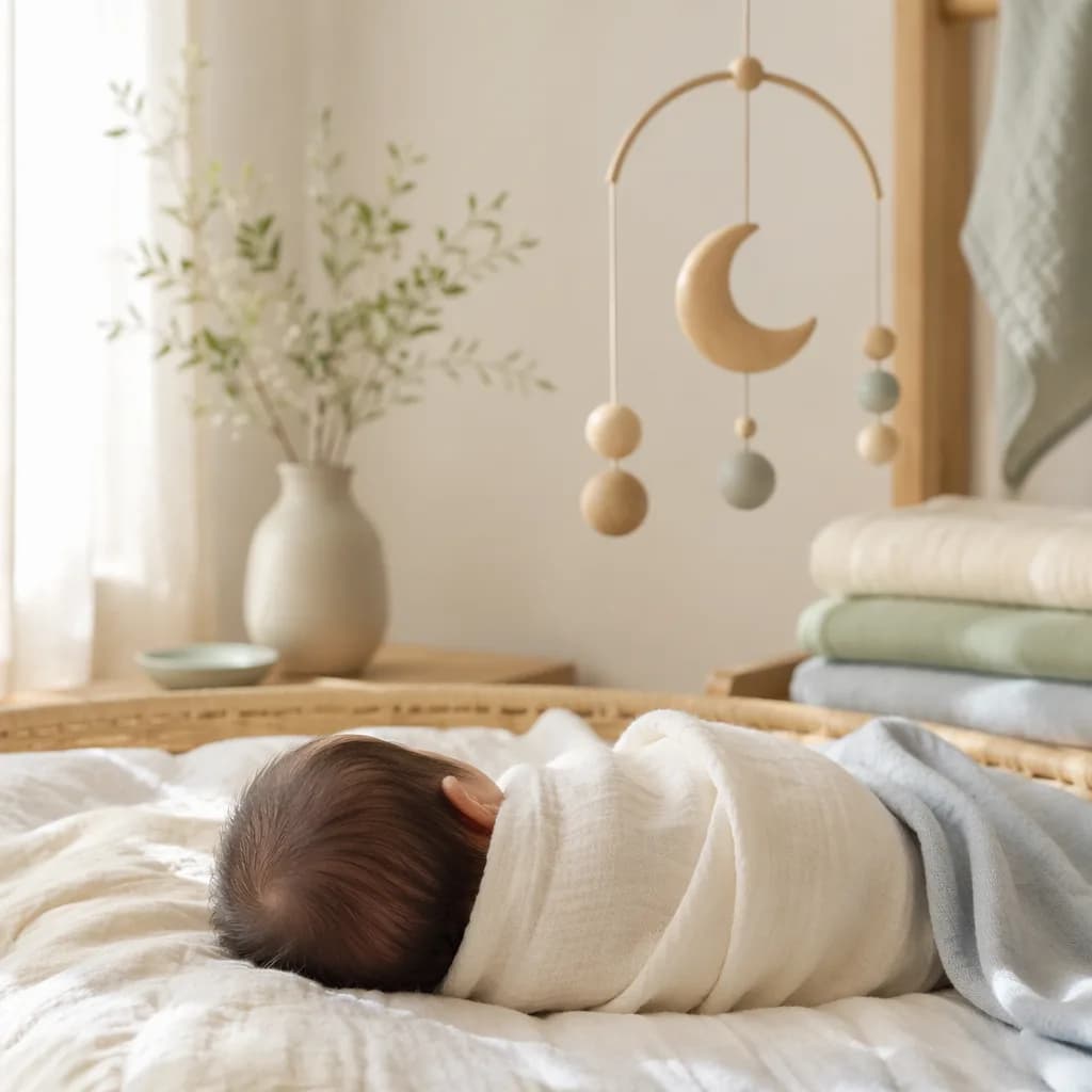 A peaceful Korean-inspired nursery with a swaddled sleeping newborn in soft natural light.