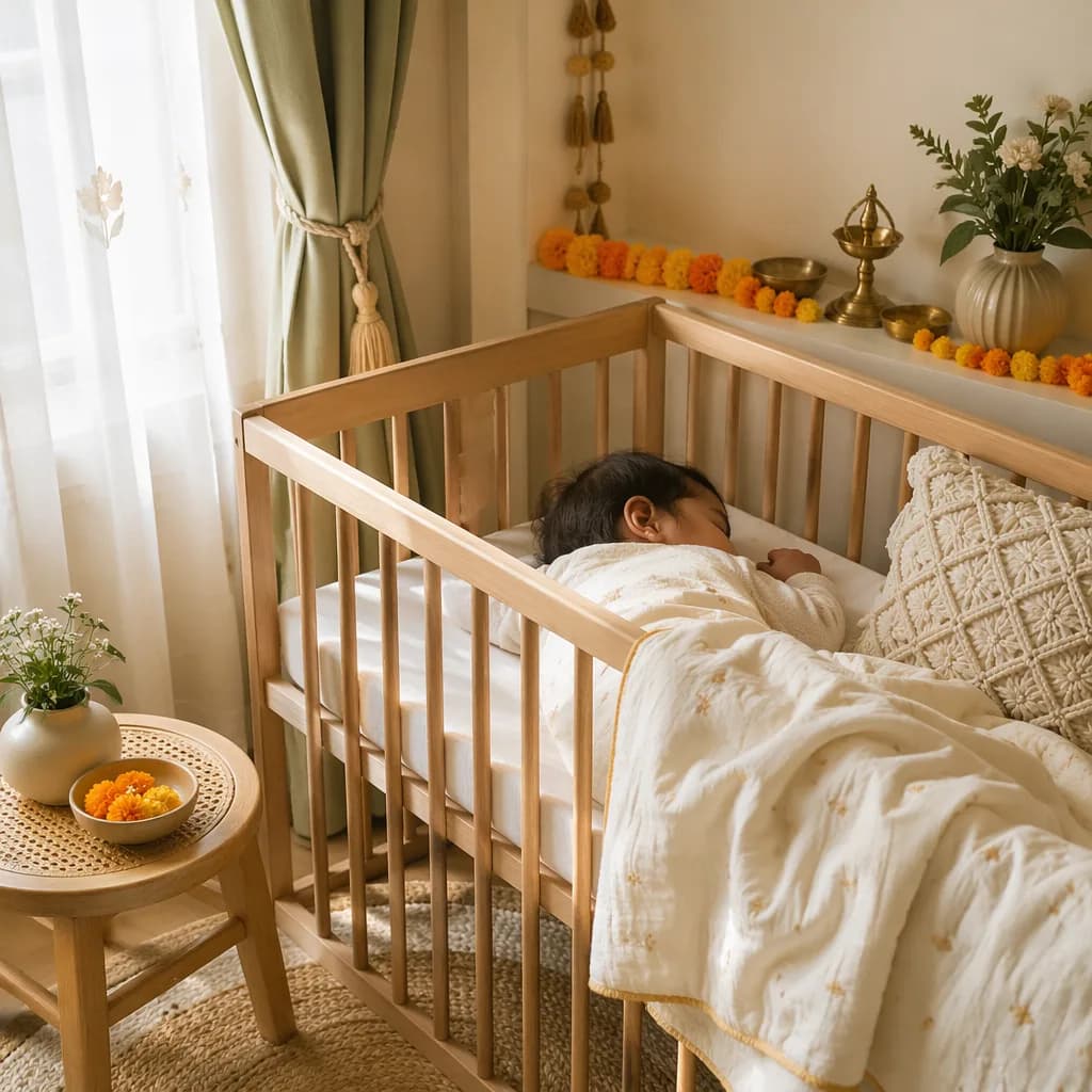 Peaceful Indian baby in a softly lit modern nursery with warm pastel decor.