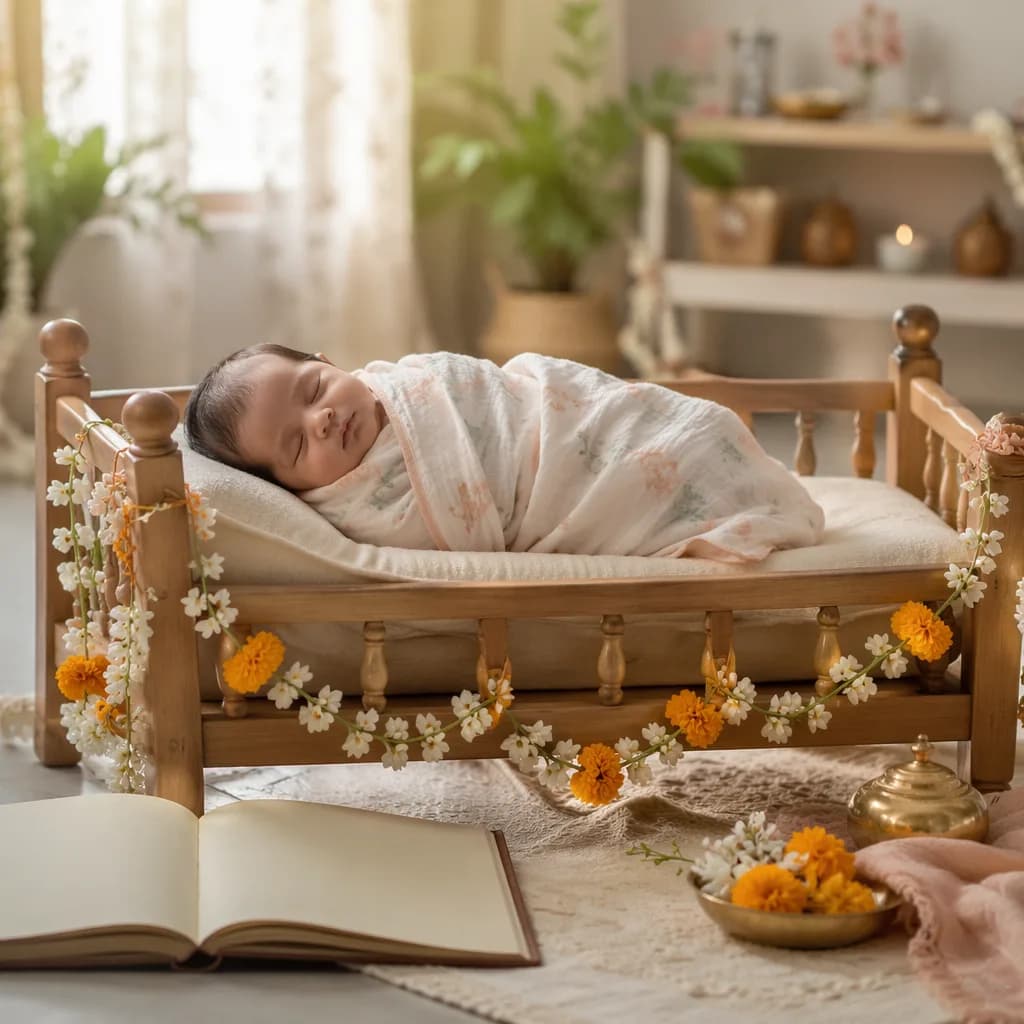 Sleeping newborn in a cozy pastel nursery with soft Indian-inspired accents