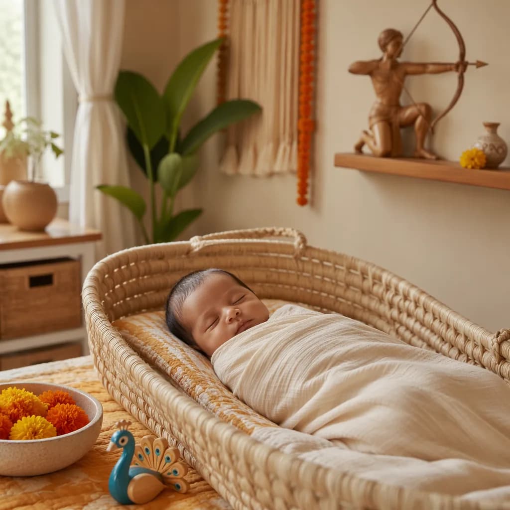 Sleeping swaddled baby in a warm pastel nursery with subtle Indian-inspired decor.