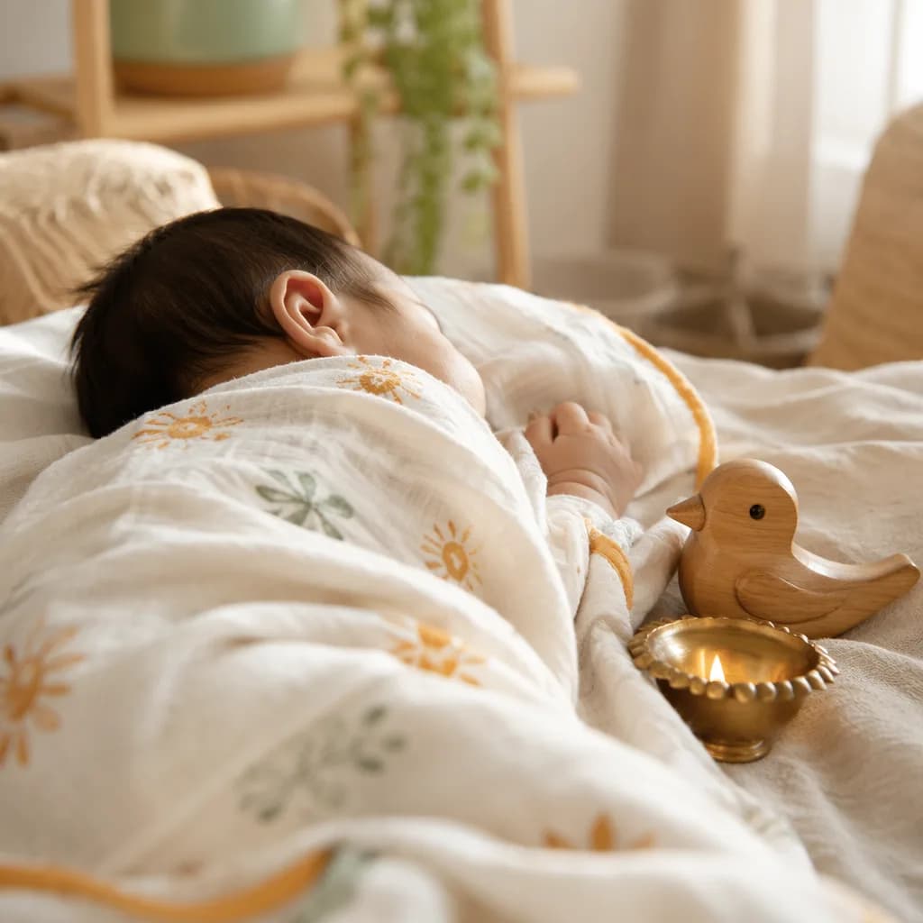 A peaceful Indian baby in a soft pastel nursery with warm natural light and simple traditional accents.