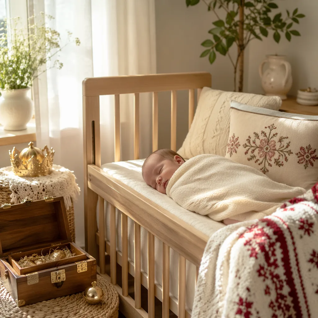 Sleeping baby in a soft Polish-inspired nursery with cozy pastel details.