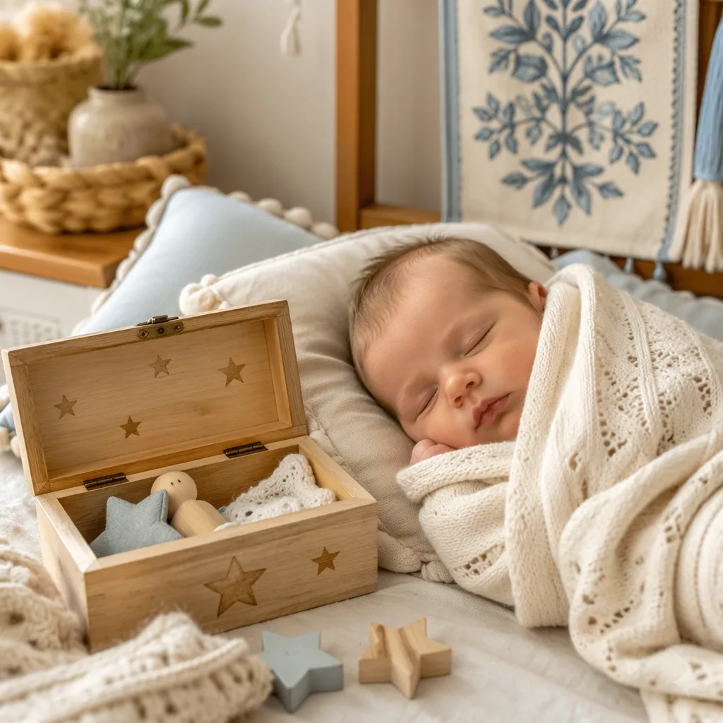 A cozy pastel nursery scene with a sleeping baby and a small wooden keepsake box.