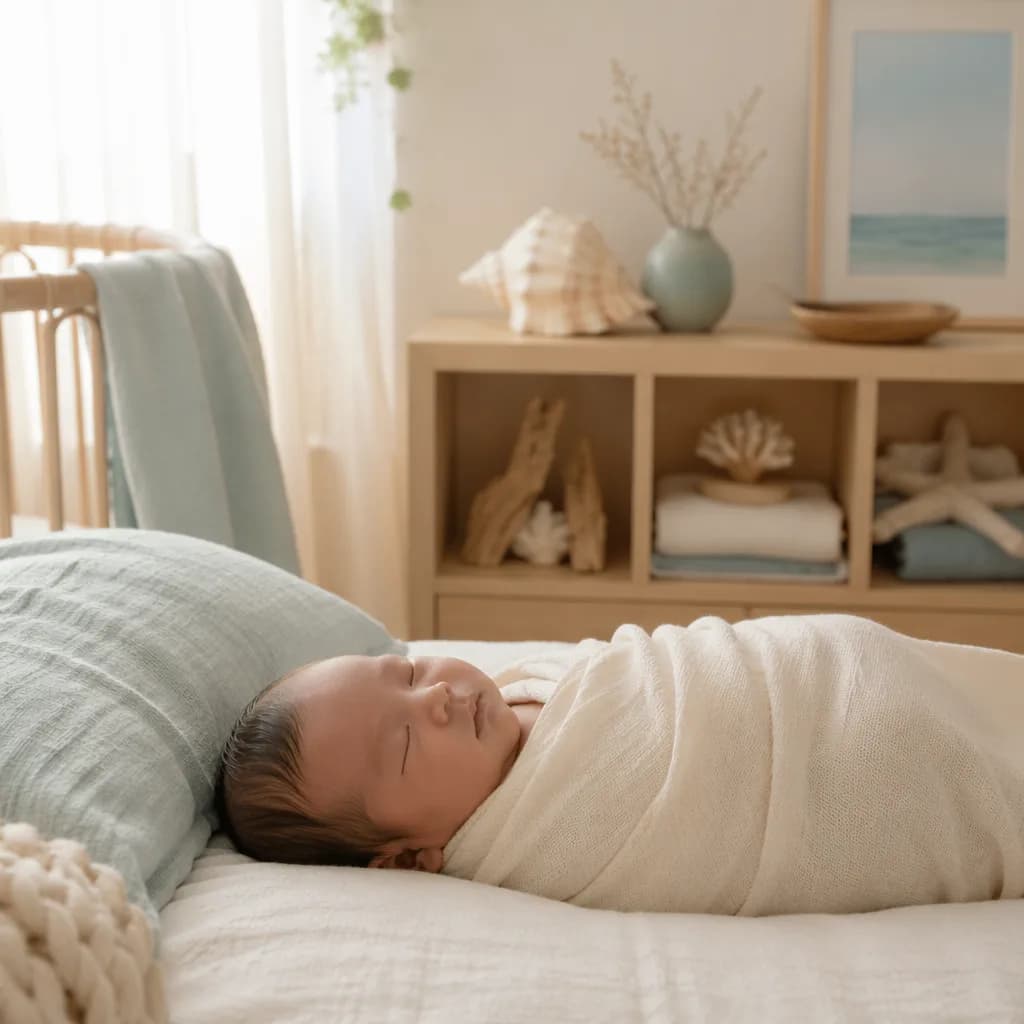 Sleeping baby in a cozy pastel nursery with subtle ocean-inspired decor.