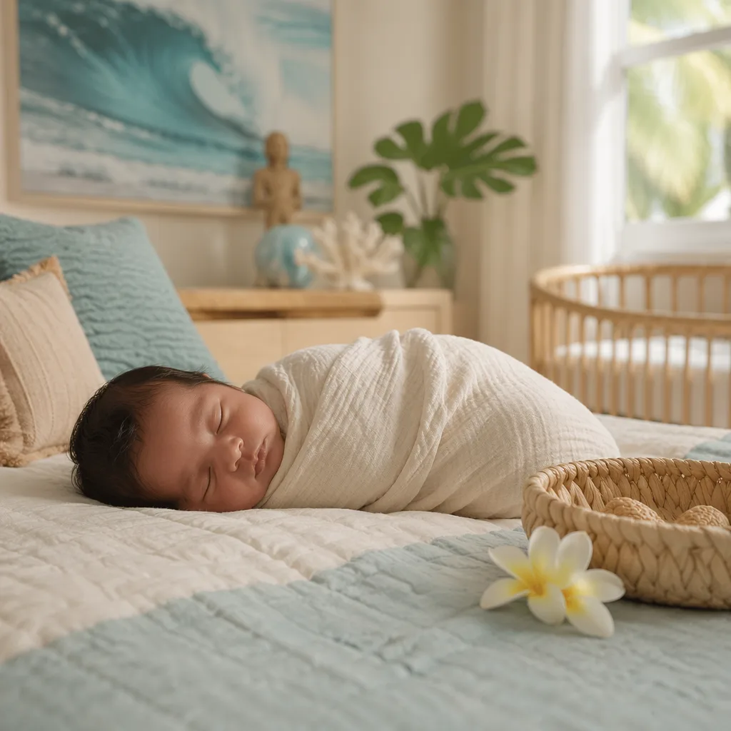 Sleeping baby in a soft Hawaiian-inspired nursery with plumeria and ocean tones.