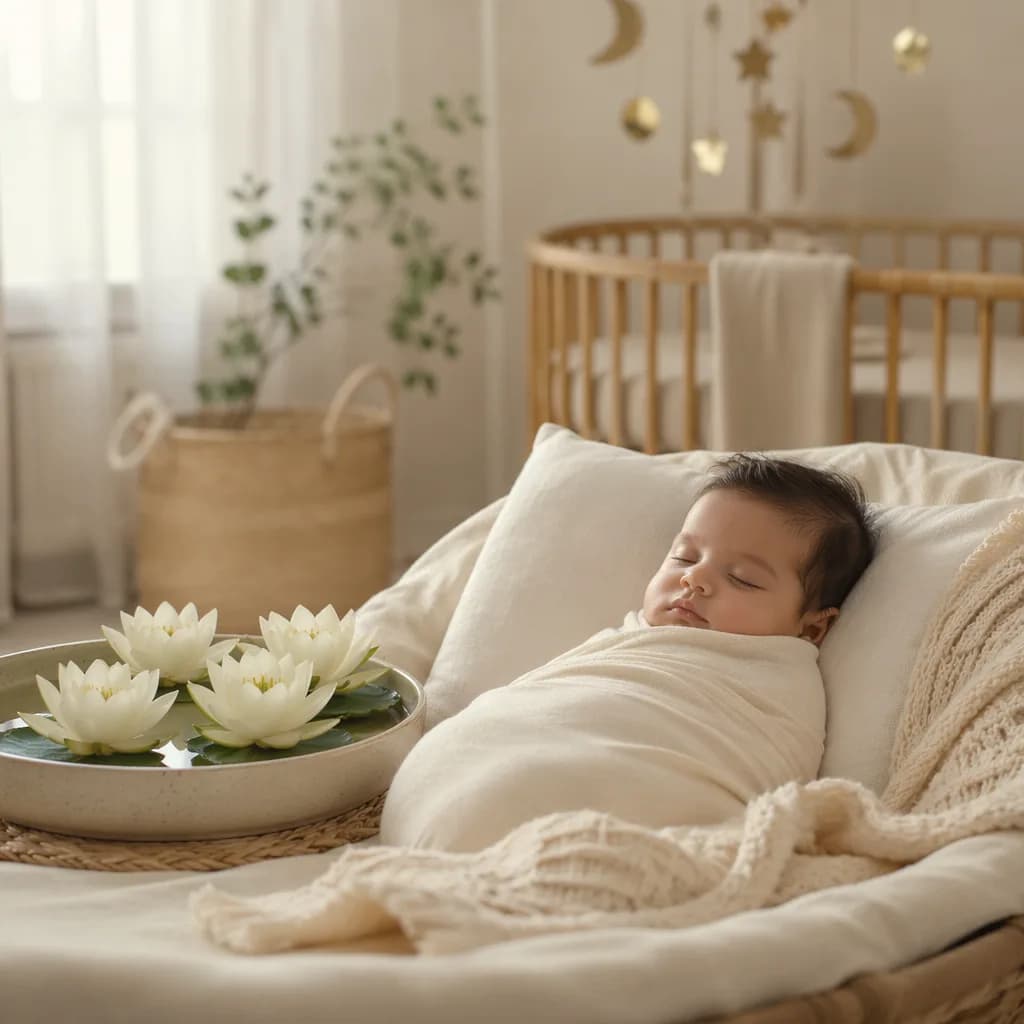 Peaceful pastel nursery with a sleeping baby, white lotus, and soft natural light.