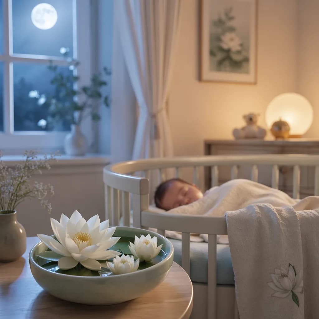 Peaceful nursery with a sleeping baby and white lotus accents inspired by the name Kairav.
